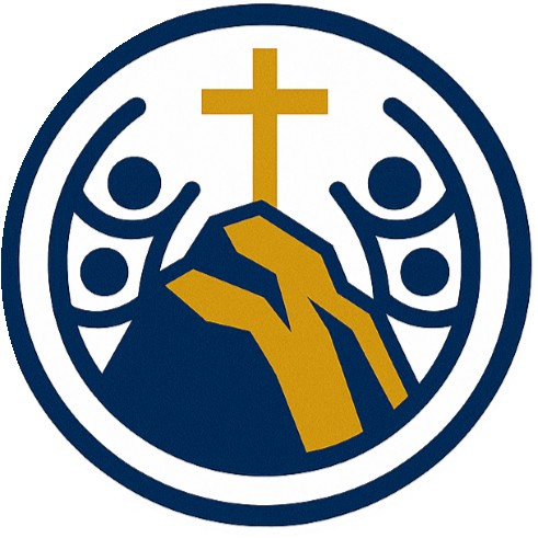 Rock Ministry International logo: cross above a rock with raised figures