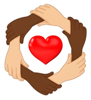 Love Ministry logo: diverse hands encircling a red heart
