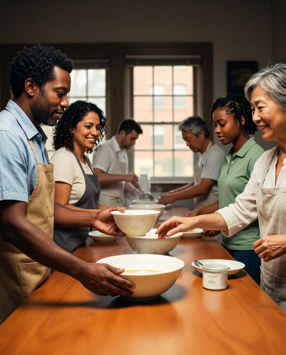 Volunteers serving a hot community meal at Threshing Floor Community Outreach