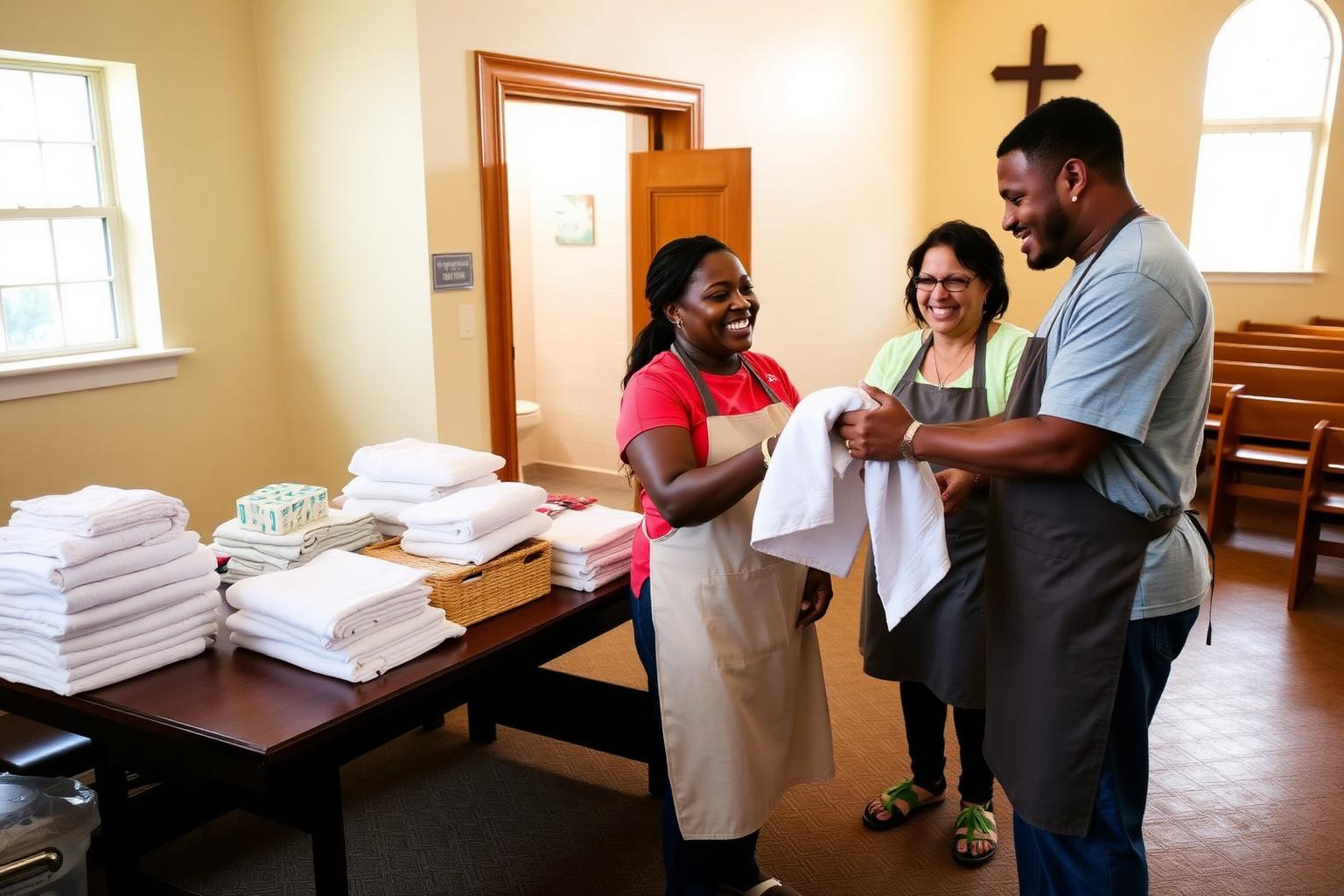 Volunteers distributing fresh towels, clean clothing, and hygiene kits inside Love Ministry Church in Live Oak, Florida